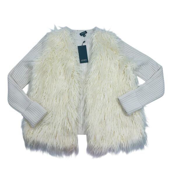 Jones New York Sweaters - NWT Jones New York Cream Faux Fur Open-Front Cardigan Sweater Ribbed Knit Sz XL
